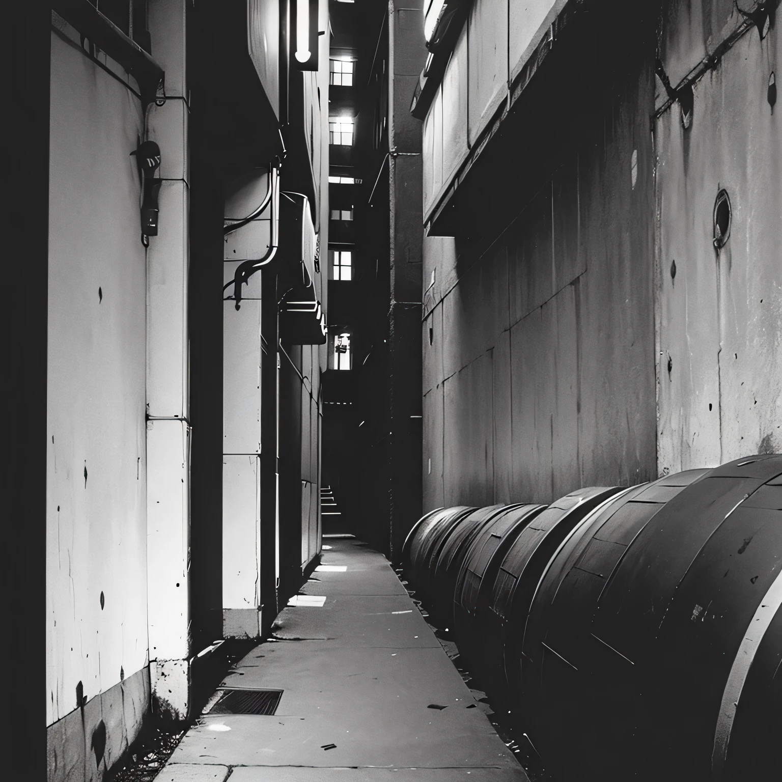 Alleyways of a lost and oversized city, wide shot, black and white