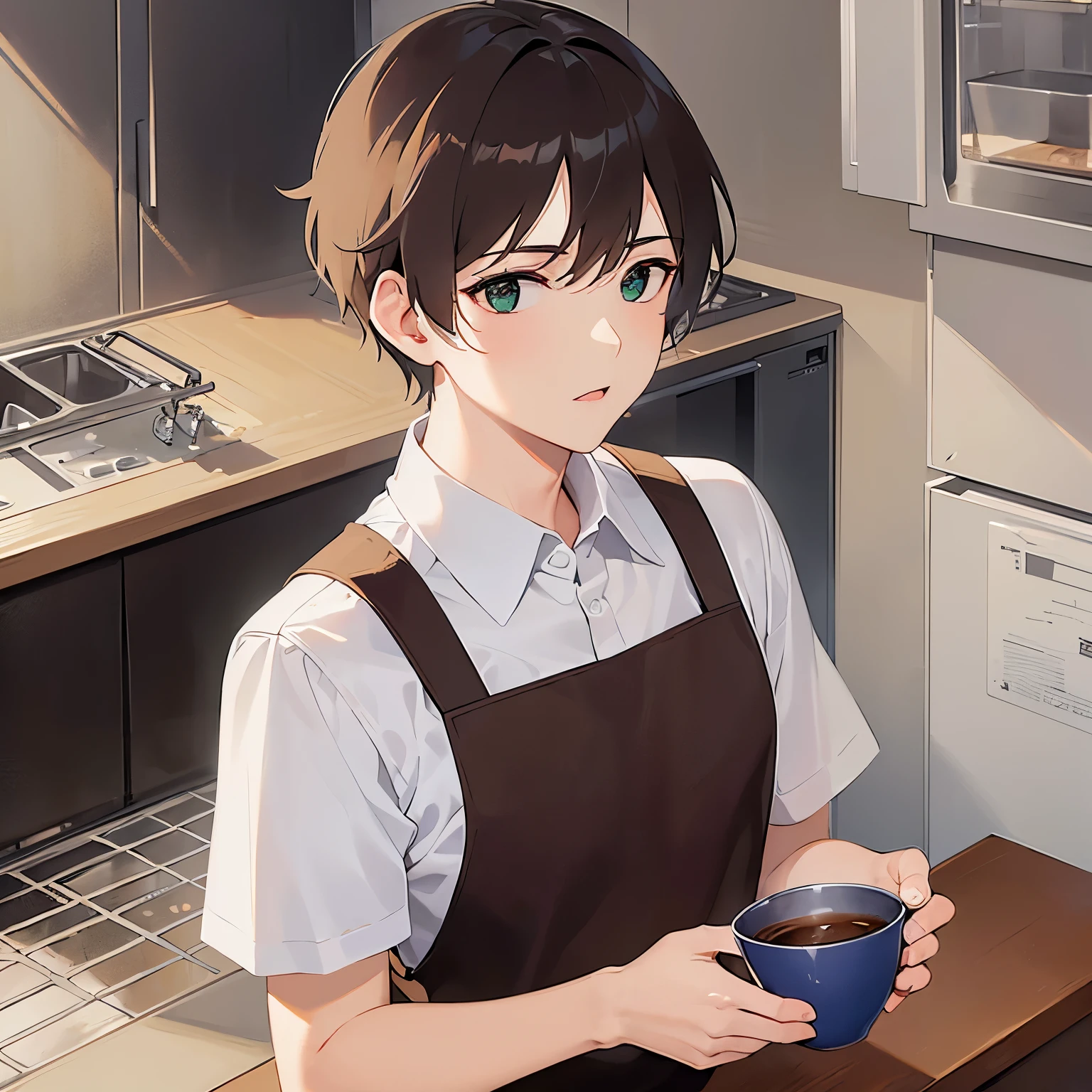 BREAK (25-year-old male:1.5) and (Mahogany brown short hair) and (Green Eyes)
 BREAK (white collared shirt) 、apron、（looking away:1.5）,upper body、Side shot、
masterpiece、Highest quality、
sautéing、Are standing、The background is the kitchen at night、（Night Sky：1.5）alone、Upper body is shown、