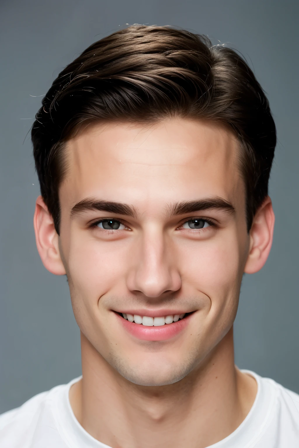 face of young caucasian guy and very short black hair and without glasses, with dark gray-blue eyes and straight long thin nose and elongated face with smile on his lips and no beard no mustache