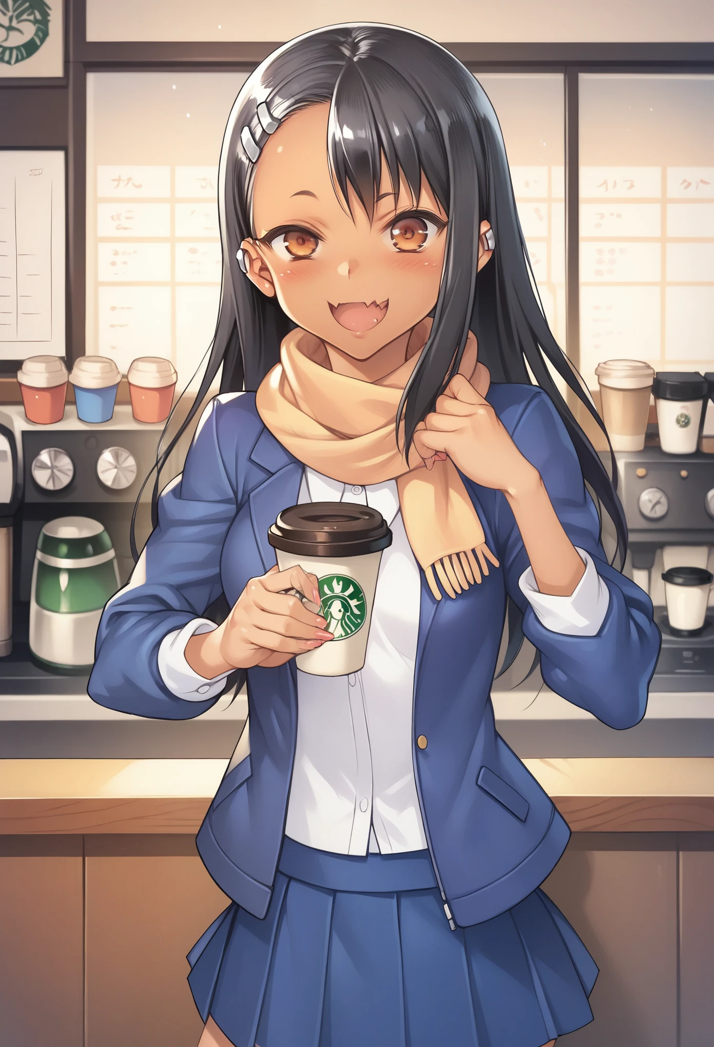 score_9, score_8_up, score_7_up, uncensored, source_anime, 1girl, solo, masterpiece, best quality, detailed face, face focus, BREAK nagatoro hayase, 1girl, solo, scarf, jacket, coffee shop, pleated skirt, 