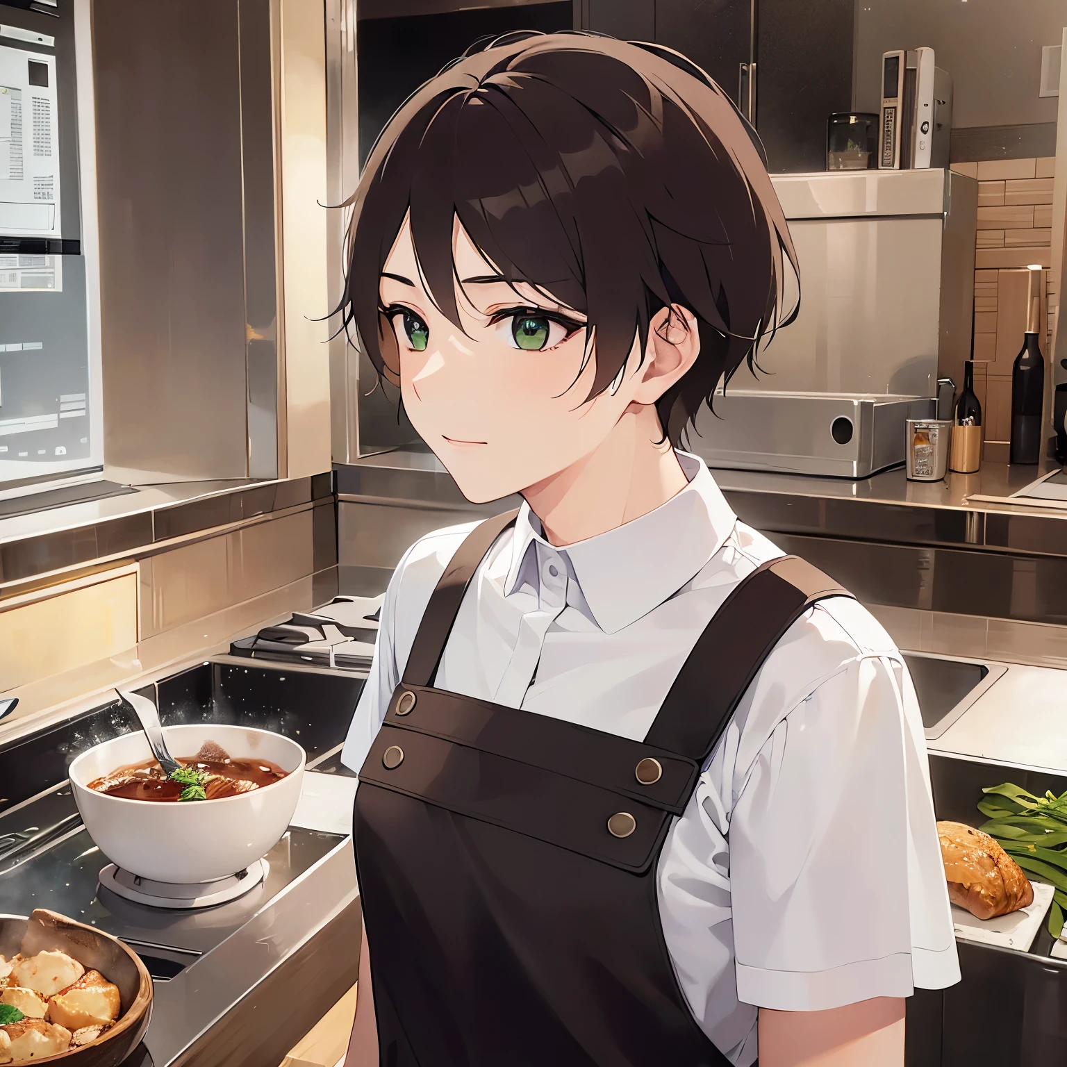 BREAK (25-year-old male:1.5) and (Mahogany brown short hair) and (Green Eyes)
 BREAK (white collared shirt) 、apron、upper body、Side shot、profile、
masterpiece、Highest quality、
smile,sautéing、Are standing、The background is the kitchen at night、（Night Sky：1.5）alone、Upper body is shown、