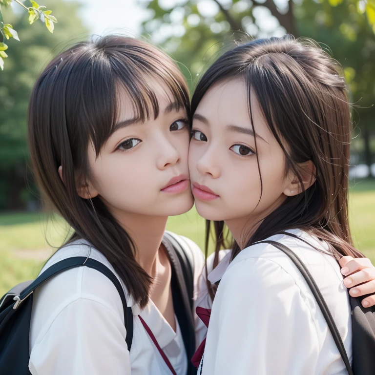 (picture)(8k、RAW Photos、Highest quality、masterpiece:1.2)、(Realistic、Photorealistic:1.4)、Hyperrealism、(masterpiece)、(High resolution)、(Ultra-detailed)、(Best Shadow)、Realistic Shadows、超High resolution、(Detailed face:1.4)、Perfect Skin、Realistic skin texture、Detailed skin texture、Depth of written boundary、Natural blurred、Lens flare、(Soft Saturation:1.3)、Professional portrait photography、holding hands and kissing at school、(uniform:1.2)、Laughter、Two cute junior high school students、(Bobcut)、Long black hair、hug、(kiss:1.5),angry