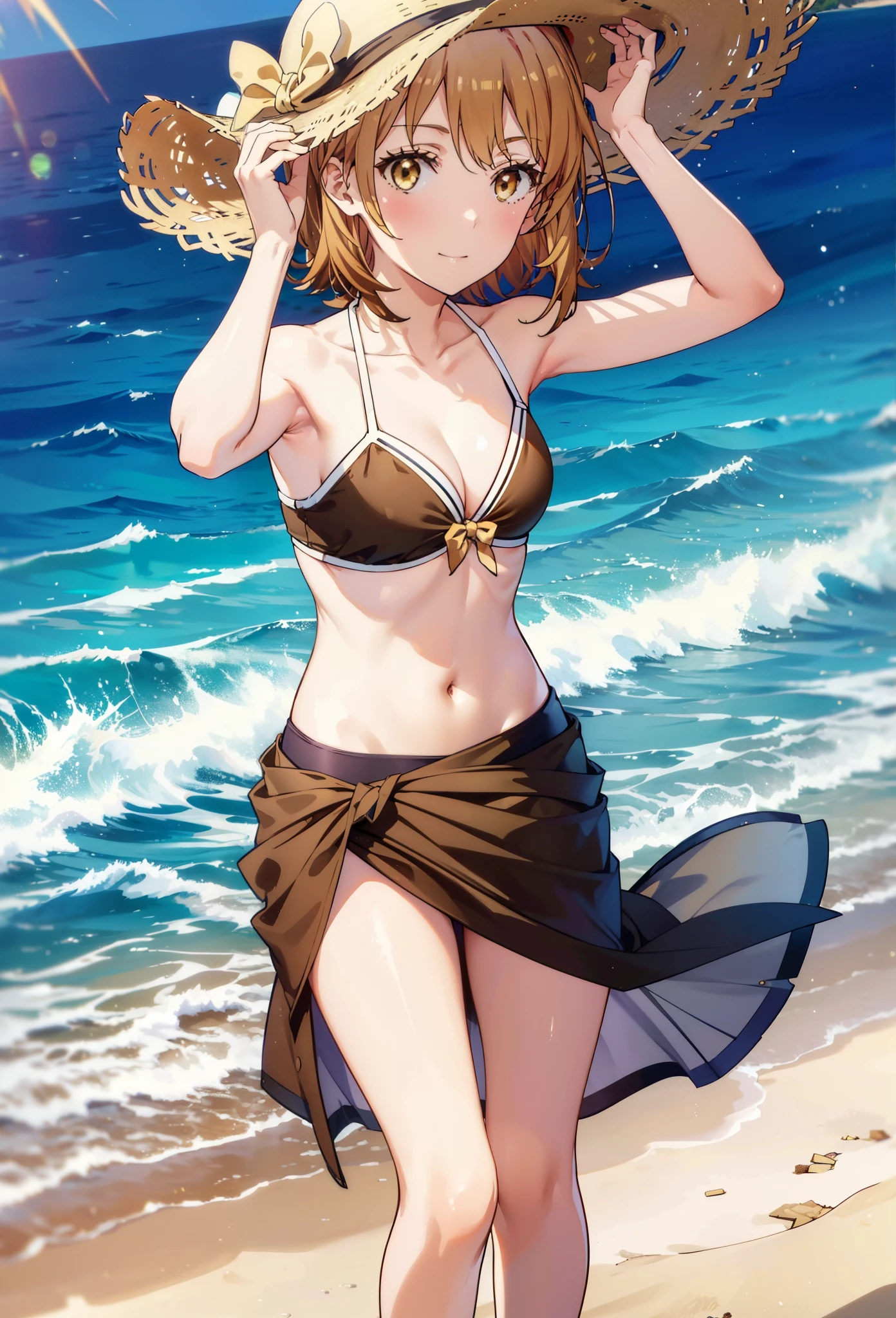 Irohaisshiki, isshiki iroha, short hair, Brown Hair, (Brown eyes:1.5),clavicle,smile,Straw hat,Bikini Swimwear,A long, thin skirt wrapped around the waist,belly button,abdomen, Dancer, gold belly Dancer,whole bodyがイラストに入るように,Strolling on the sandy beach,
break outdoors, Beach,
break looking at viewer, whole body,
break (masterpiece:1.2), Highest quality, High resolution, unity 8k wallpaper,, (shape:0.8), (Beautiful attention to detail:1.6), Highly detailed face, Perfect lighting, Highly detailed CG, (Perfect hands, Perfect Anatomy),