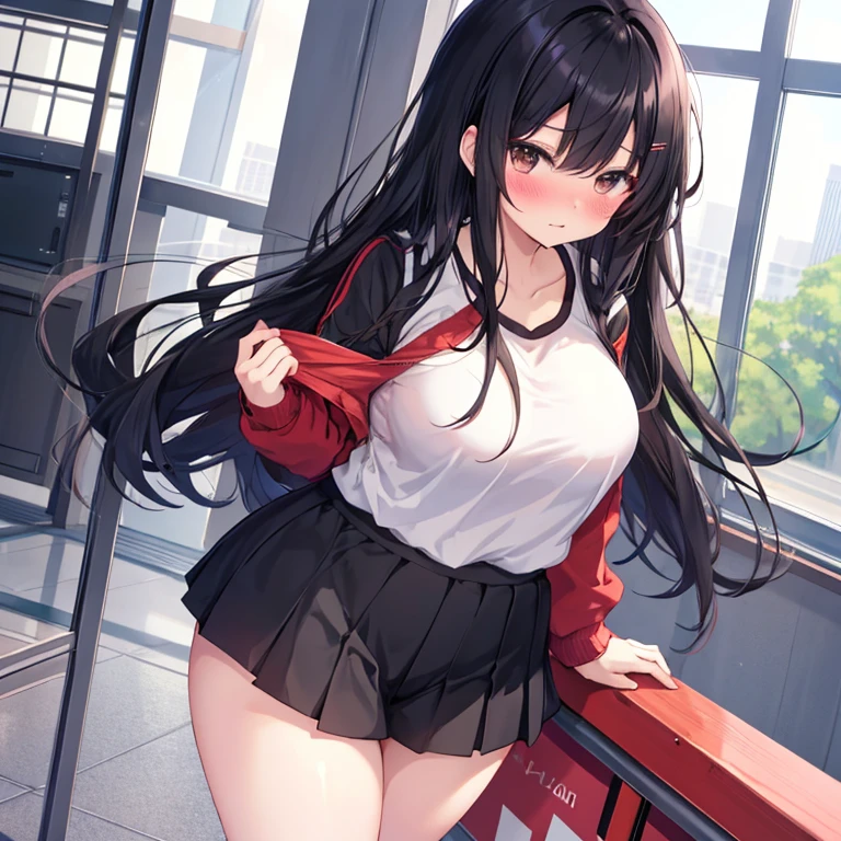 Anime style high school girl, long black hair, Big chested, plump buttocks, thick thighs, Tracksuits, short skirt, blush, shy, embarrassed