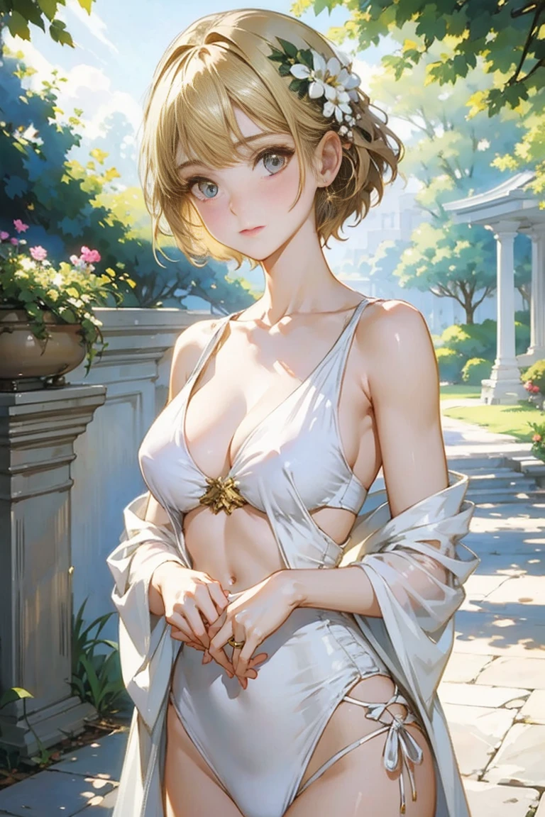 see through,Beautiful and fair、Radiant Skin, 3 Up, Gorgeous, bright, Fresh and gentle expression, Perfect beautiful face、Beautiful shiny bangs, A very beautiful 17 year old girl, Eyeliner, Very perfect eyes,Large Breasts,Grooves reveal original skin,Muscular body,White skinny bikini,Blonde short hair