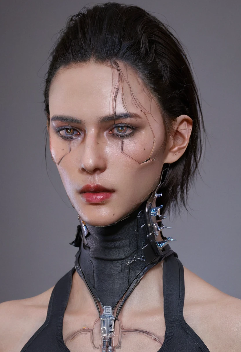 potrait, realistic photo, hyperealism "her body is embedded with mechanical implants under the skin cyberware lines embedded in her face, Face is a blend of human and machine. His left eye is a glowing, mechanical implant with a red lens, while his right eye remains human, with a piercing blue iris. The left side of his face is covered in sleek, metallic plating that extends from his temple to his jawline, with intricate circuits visible beneath the surface. Skin: His skin is a pale, almost translucent shade, contrasting sharply with the dark metal of his implants. Scars and seams where flesh meets machine are visible, giving him a rugged, battle-worn appearance. Hair: Kael has short, silver hair that is slightly tousled, with a few strands falling over his human eye. The hair on the left side of his head is interspersed with thin, metallic wires that connect to his implants. Body: e has a lean, with more mechanical enhancements visible on his arms and torso. her right arm is entirely human, while his left arm is a powerful, robotic limb with articulated fingers and a built-in energy blade. Clothing: wears a dark, form-fitting suit made of a flexible, high-tech material that provides both protection and mobility. The suit is adorned with various utility belts and pouches, and a long, tattered cloak drapes over his shoulders, adding to his mysterious aura. Background: is a survivor of a catastrophic event that left him severely injured, leading to his extensive cybernetic enhancements. He is driven by a desire for vengeance against those who wronged him and a quest for redemption. Traits: Despite his intimidating appearance, Kael is fiercely loyal to his allies and possesses a strong sense of justice. He is resourceful, intelligent, and skilled in both combat and technology.