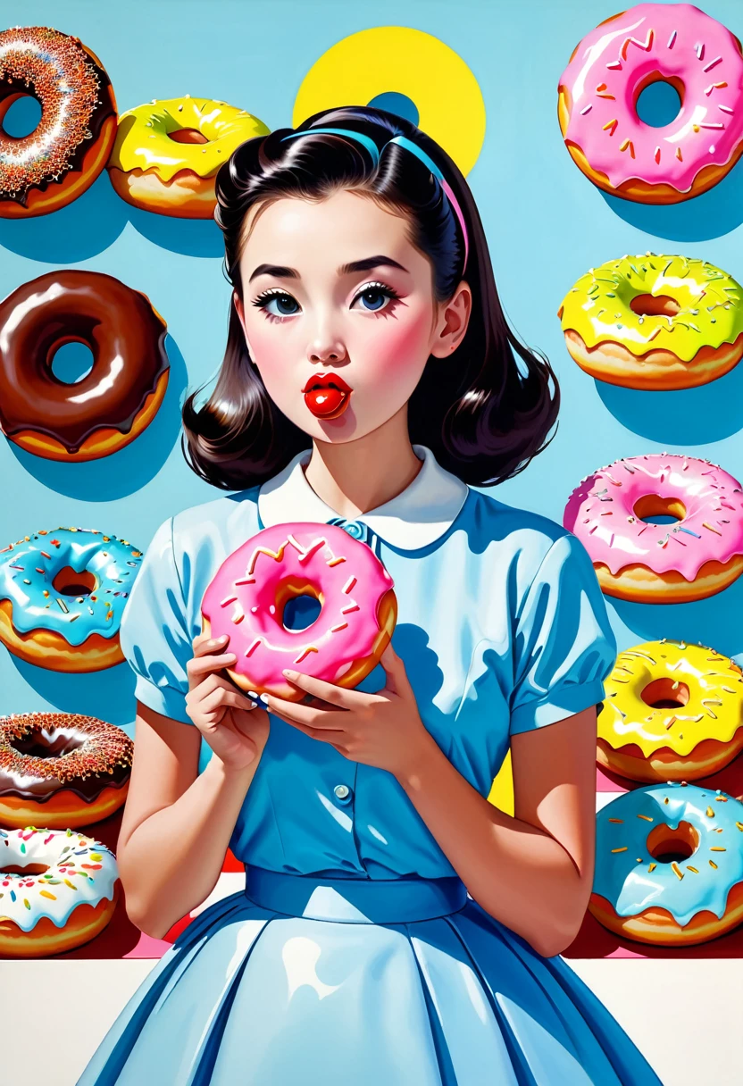 One girl, alone, Eating a donut while standing, Peter Sato Style、American Art、50's, Pop Art,colorful, Life's bliss,