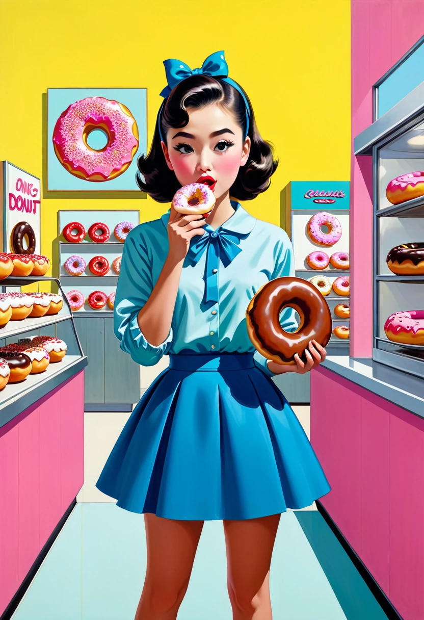 One girl, alone, Eating a donut while standing, Peter Sato Style、American Art、50's, Pop Art,colorful, Life&#39;s bliss,