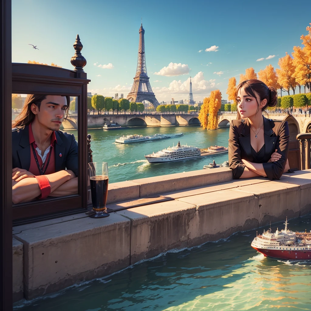 Paris on the Seine,A ship, in front of the eiffel tower,2024, summer, Paris Olympics footage, Official Art, poster ; Official Artwork, game promotional poster