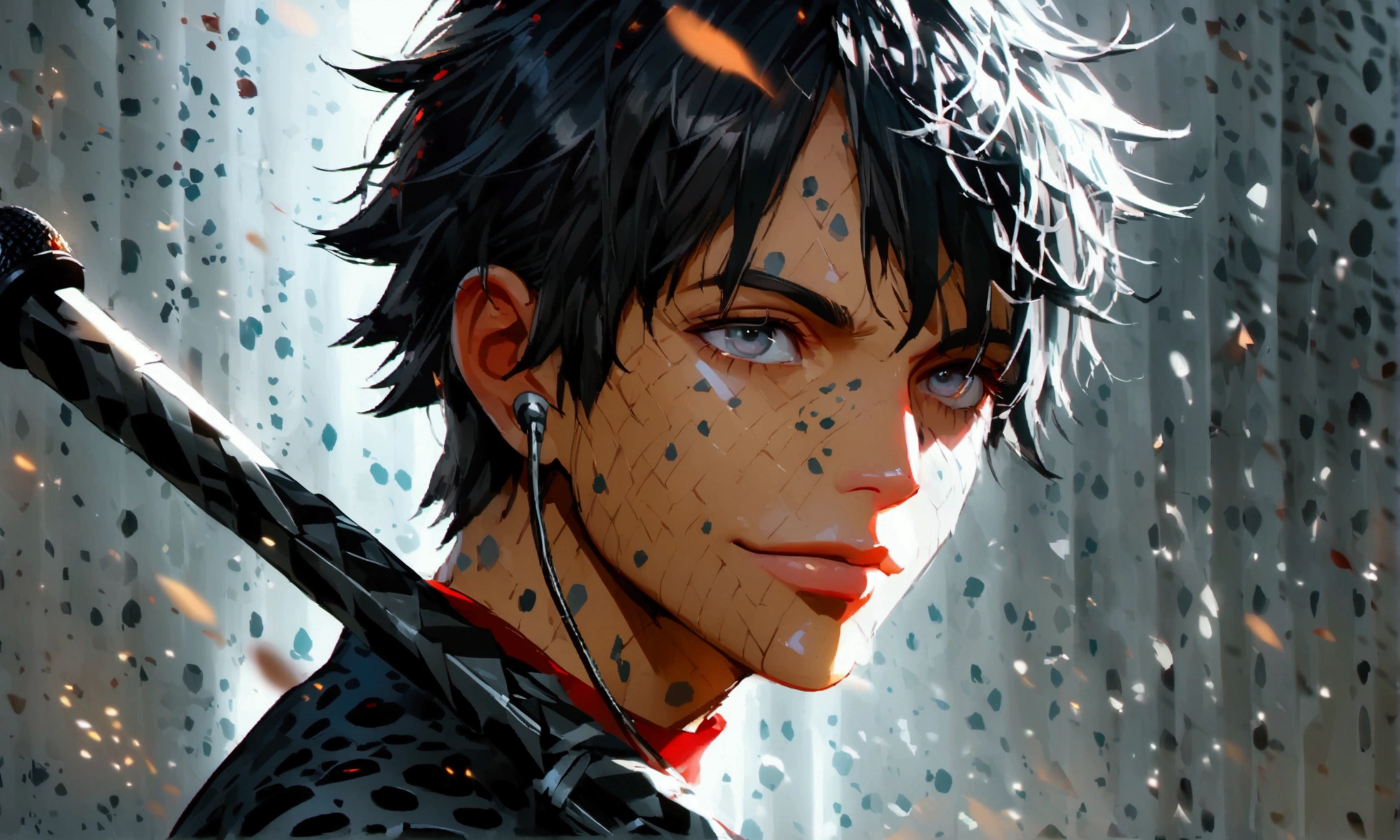 Young man, gray eyes, neat short hair, social presenter outfit, captivating smile, holding a microphone, "Anime character design inspired by One Piece, full of dramatic and impressive lighting, focus on the centralized character, impressive face, full of creative details, ultra-fine 4K design, scenery bathed in creativity, boasting 2D anime resolution clarity, HD anime graphics, high-octane rendering"