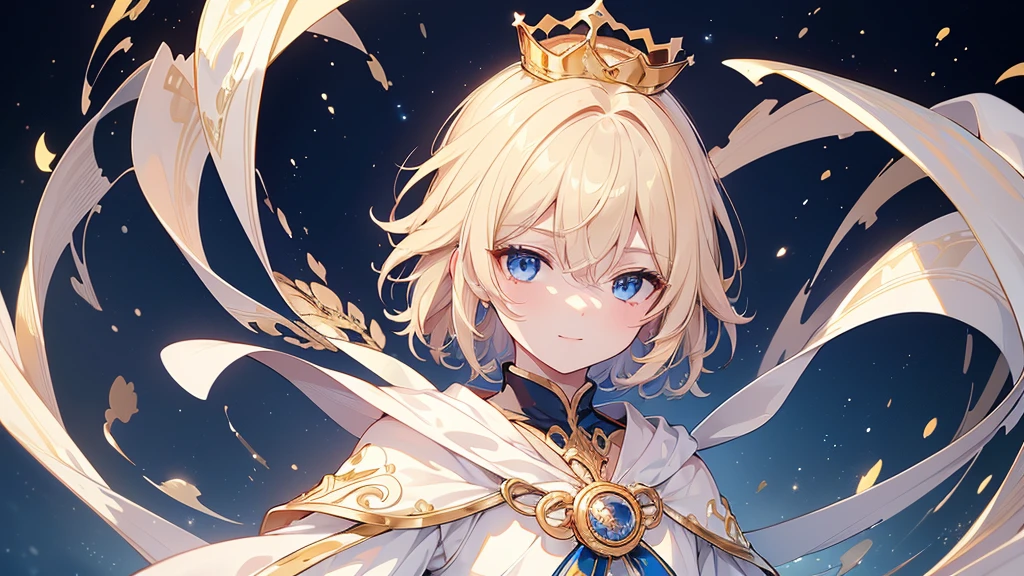 (Highest quality)　(4K)　(8k)　(High resolution)　(masterpiece:1.2)　(Super detailed)　One boy　short hair　Wizard　Blue Eyes　Long sleeve　Golden decoration　Hair between the eyes　White Dress　Wavy golden hair　Upper Body　(large crown)　(White Background)　(profile)　Face close-up　((Young))　smile　Activate magic　(Small body)