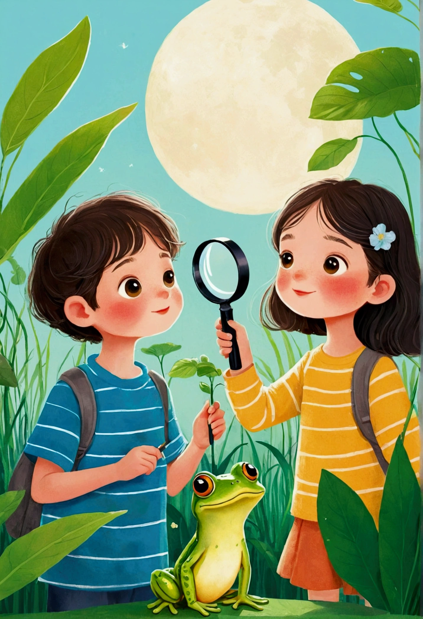 illustration：A boy and a girl observing a frog through a magnifying glass, 儿童书籍illustration, 儿童书籍illustration, 儿童书籍illustration, 儿童书籍illustration, colorful 儿童书籍illustration, 儿童书籍illustration, Children&#39;s illustrations, 儿童书籍illustration, 故事书illustration, Children&#39;s illustrations, 儿童illustration, 可爱的故事书illustration, Children&#39;s illustrations, 可爱的illustration