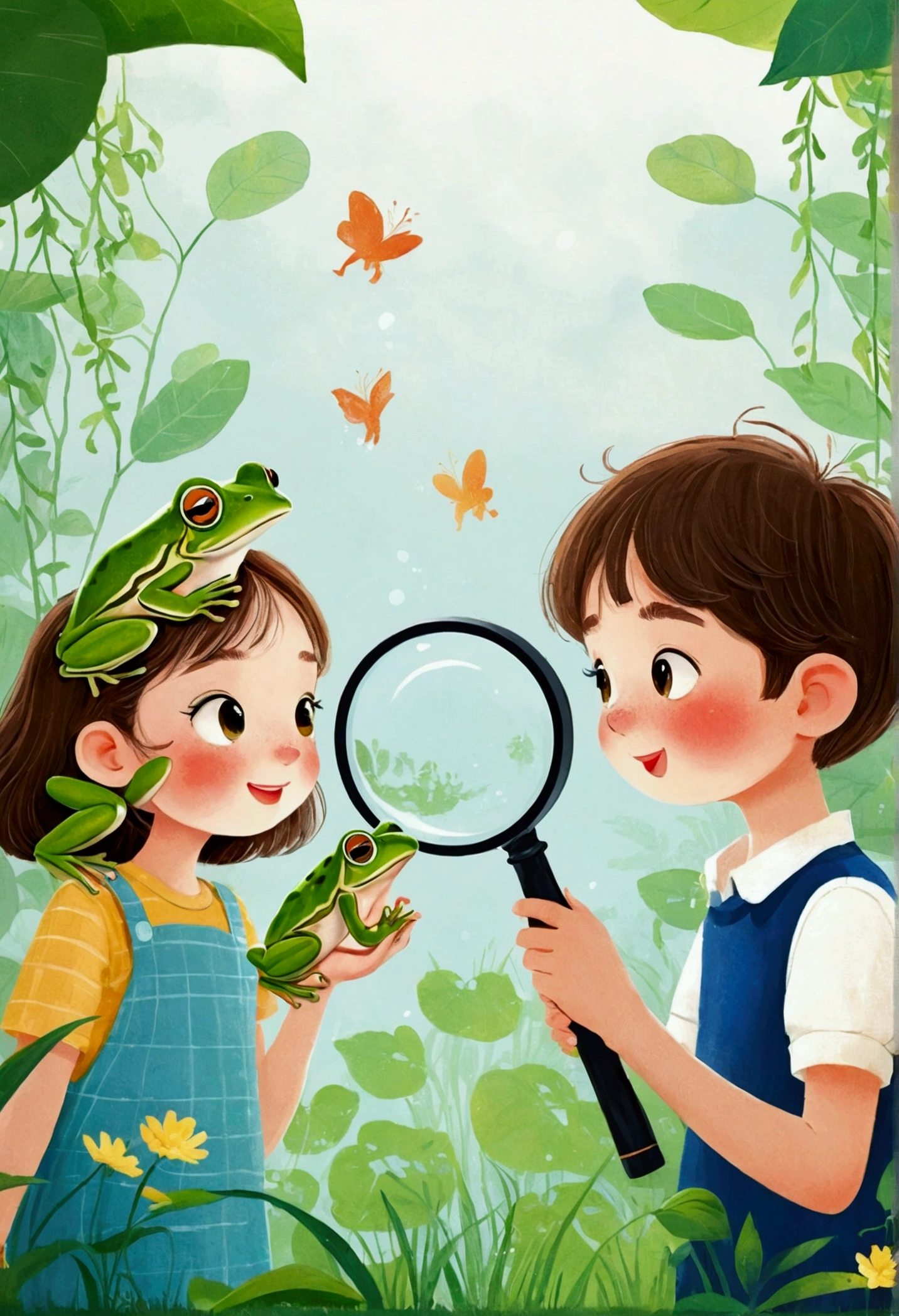 illustration：A boy and a girl observing a frog through a magnifying glass, 梅青 的故事书illustration, devianart contest winners, Concept Art, 儿童书籍illustration, 儿童书籍illustration, 儿童书籍illustration, 儿童书籍illustration, colorful 儿童书籍illustration, 儿童书籍illustration, Children&#39;s illustrations, 儿童书籍illustration, 故事书illustration, Children&#39;s illustrations