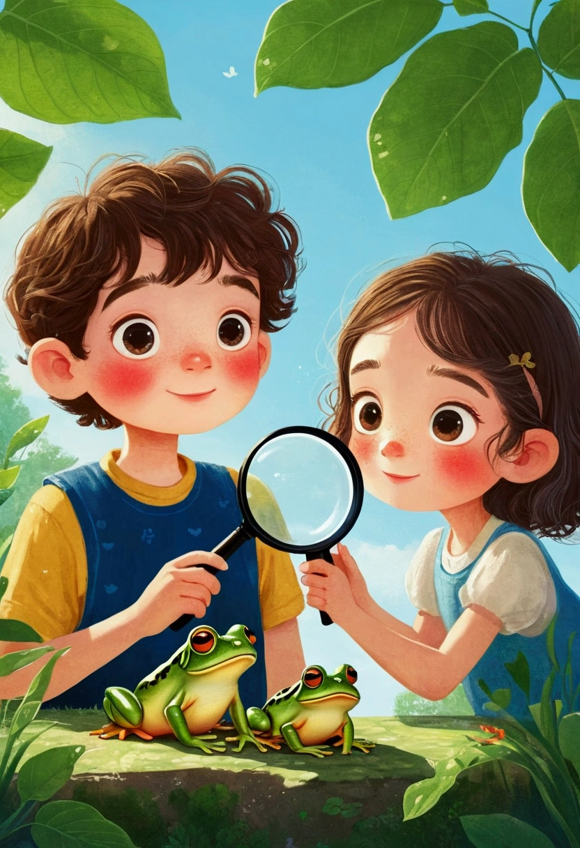 illustration：A boy and a girl observing a frog through a magnifying glass, 梅青 的故事书illustration, devianart contest winners, Concept Art, 儿童书籍illustration, 儿童书籍illustration, 儿童书籍illustration, 儿童书籍illustration, colorful 儿童书籍illustration, 儿童书籍illustration, Children&#39;s illustrations, 儿童书籍illustration, 故事书illustration, Children&#39;s illustrations