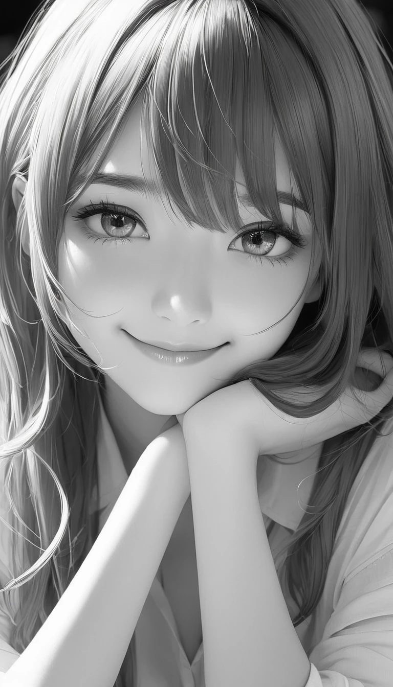 NauSKaaValOfWi, Monochrome, grayscale, More information 1 girl, View your viewers, Sad Smile, Upper Body,