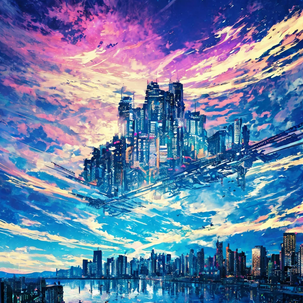 Colorful sky with blue tones、Thin clouds、Cityscape seen through the clouds