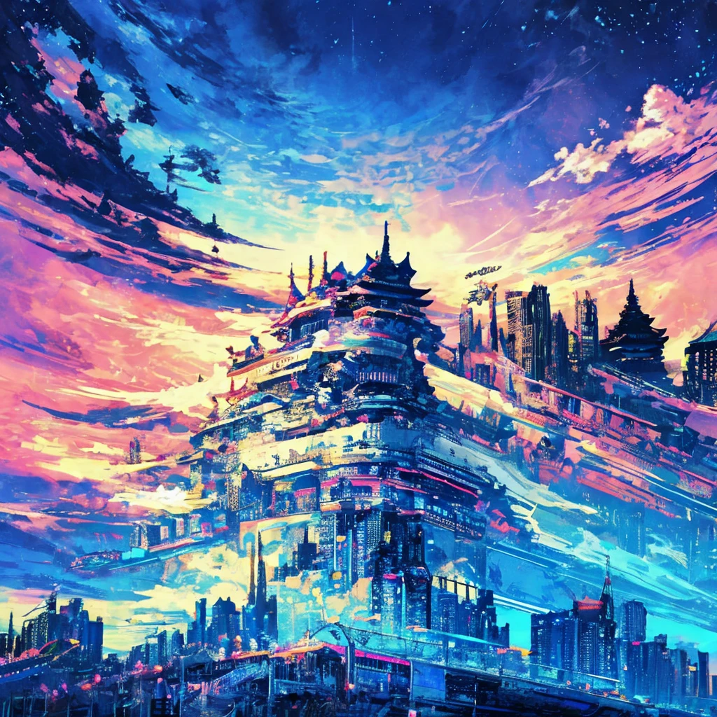 Colorful sky with blue tones、Thin clouds、Cityscape seen through the clouds