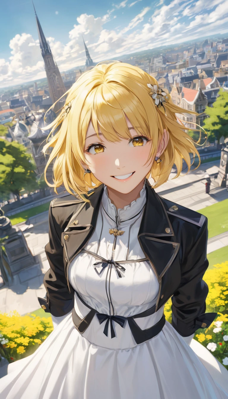 ((masterpiece,Highest quality)),One girl,alone, (((chisato nishikigi))), short hair, Bright yellow hair, alone, dress, Detail Eyes, View your viewers, Long sleeve, Are standing, white dress, gloves,hair ornaments, Black jacket, smile, Floating Hair, Dutch Angle, Mouth closed, avert your eyes, (Center Parks),Cloudy, blue sky, warm color,