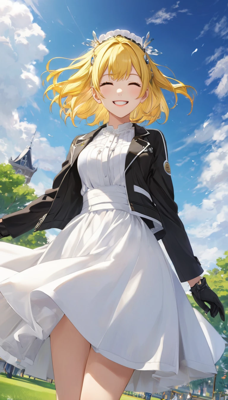 ((masterpiece,Highest quality)),One girl,alone, (((chisato nishikigi))), short hair, Bright yellow hair, alone, dress, Detail Eyes, View your viewers, Long sleeve, Are standing, white dress, gloves,hair ornaments, Black jacket, smile, Floating Hair, Dutch Angle, Mouth closed, avert your eyes, (Center Parks),Cloudy, blue sky, warm color,