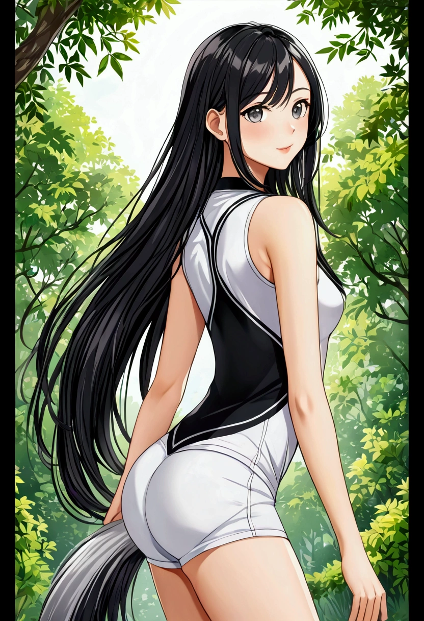 Long smooth  black hair with silver highlights (two tone tail) 

, grey eyes

, Slender and athletic built

, Average height

, Casual Clothing

, UHD, 8k, Best quality