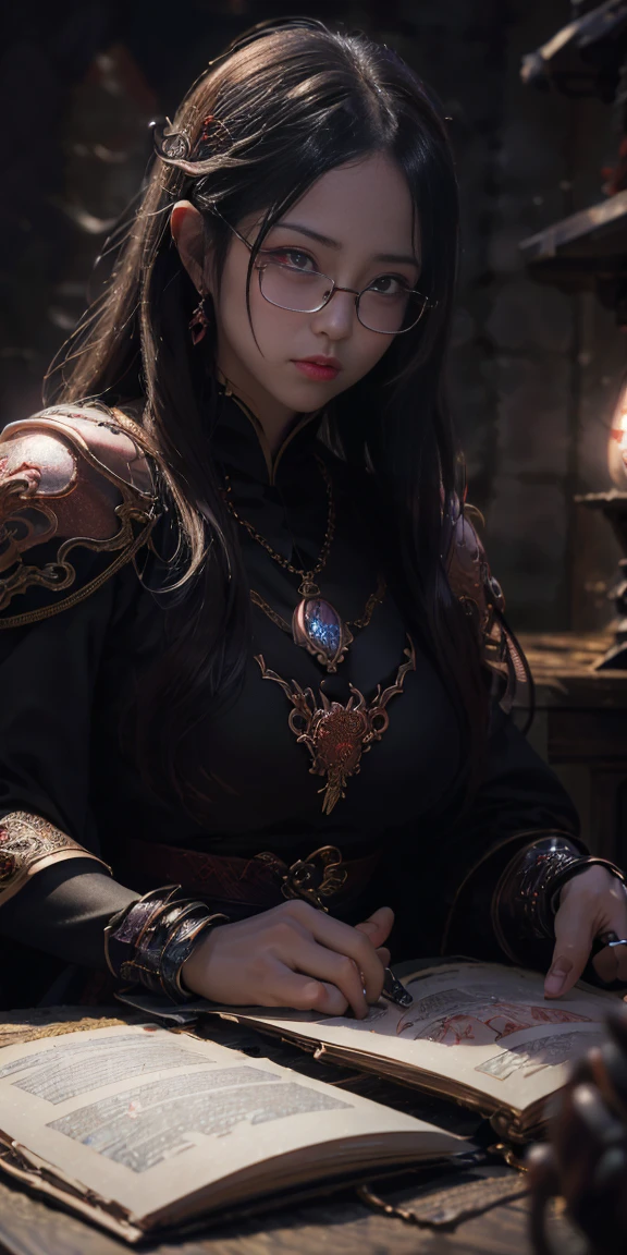 Are you okay、(Best illustrations)、8K UHD resolution、Intricate details、最high quality、Realistic、Ultra-detailed、Glasses、Best lighting、Best Shadow、Soft lighting、ultrahd、Dungeons and Dragon、cave、Dungeons、 Necromancer、night、Dark Style、Succubus、Devil&#39;s Daughter、Bat Wings，(((悪魔のホーンラック縁の丸Glasses))))、(((Huge boobs)))、(Devil&#39;s Tail)、(Red eyes glow:1.6)、masterpiece、Beautiful expression、Tyndall effect、Photo Real、(High Definition Skins:1.2)、8 time、Digital SLR、high quality、picture、High resolution、 Absurd、Ponytail Distortion、The optimal ratio is four fingers to one thumb、1 girl、hair ornaments、赤い輝くgemのネックレス、gem、Beautiful expression、Body Up、big breasts attention、Tight waist、Wide ass、Tyndall effect、Photorealistic、(High Definition Skins:1.2)、Pink Cat