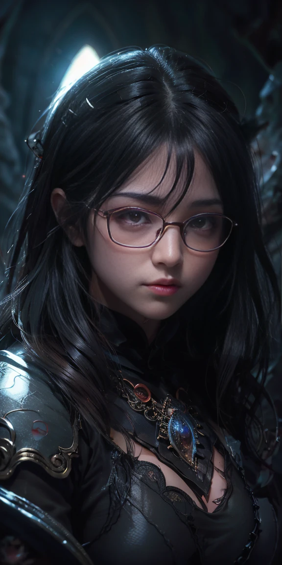 Are you okay、(Best illustrations)、8K UHD resolution、Intricate details、最high quality、Realistic、Ultra-detailed、Glasses、Best lighting、Best Shadow、Soft lighting、ultrahd、Dungeons and Dragon、cave、Dungeons、 Necromancer、night、Dark Style、Succubus、Devil&#39;s Daughter、Bat Wings，(((悪魔のホーンラック縁の丸Glasses))))、(((Huge boobs)))、(Devil&#39;s Tail)、(Red eyes glow:1.6)、masterpiece、Beautiful expression、Tyndall effect、Photo Real、(High Definition Skins:1.2)、8 time、Digital SLR、high quality、picture、High resolution、 Absurd、Ponytail Distortion、The optimal ratio is four fingers to one thumb、1 girl、hair ornaments、赤い輝くgemのネックレス、gem、Beautiful expression、Body Up、big breasts attention、Tight waist、Wide ass、Tyndall effect、Photorealistic、(High Definition Skins:1.2)、Pink Cat