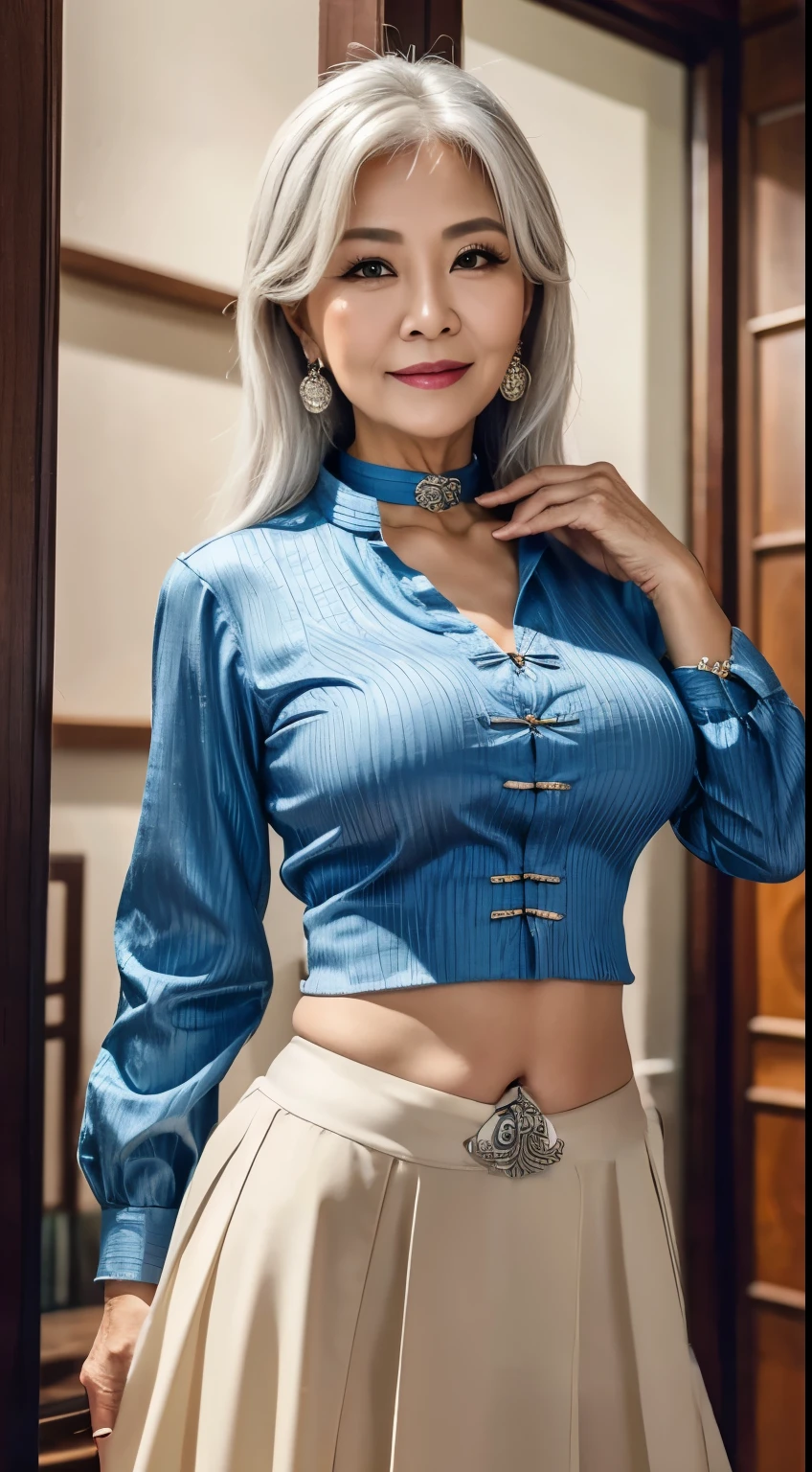 75 years old　mom　milf　Korean, Lady　large earring　Big choker　navel piercing decoration　A bracelet　Silver Hair　realisitic　Gorgeous Madame Beautiful Mature Woman　sexly　Smile　Gentle woman navel piercing　４K　High quality gorgeous madam beautiful mature woman