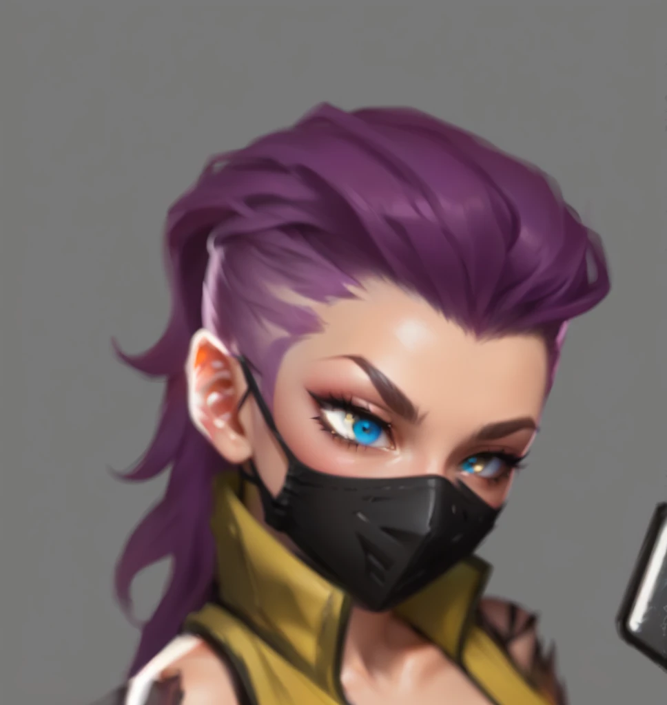 a close up of a person with a mask on holding a cell phone, portrait of jinx from arcane, unknown artstyle, kda, concept headshot art, character art closeup, rossdraws 1. 0, rossdraws 2. 0, valorant character, rossdraws 2. 5, painted in the style arcane, character headshot concept art, painted character portrait