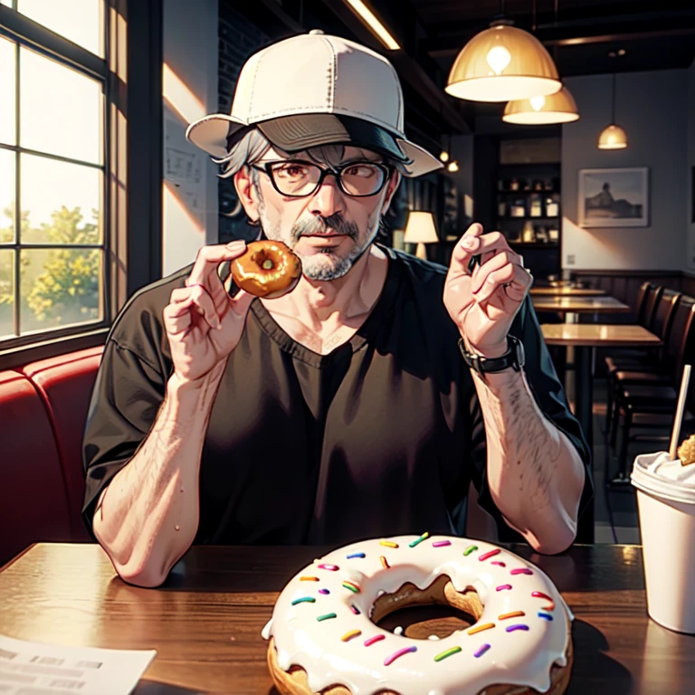 A middle-aged man eating a donut in a cafe, grey hair, tokin hat, orange eyes, Conceptual art, image fill, omake, vanishing point, Ultra-Wide Angle, anatomically correct, super detail, high details, high quality, best quality, highres, HD, 4K, 8k