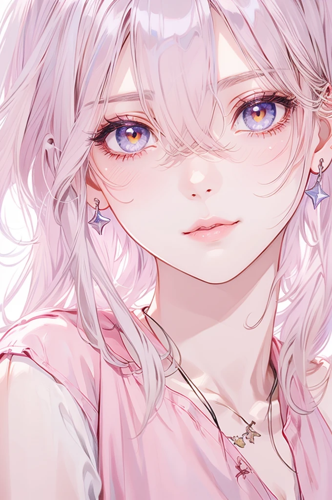 masterpiece, Highest quality, Pixiv, Cool girl, Dark pink brown hair, Curly Hair, Blunt bangs, Straight bangs, Grey Eyes, White skin,,Off-the-shoulder white T-shirt、 Improve、Face close-up、Midnight starry sky background