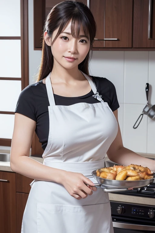 (Highest quality, 4K, 8k, High resolution, masterpiece:1.2), Very detailed, (Realistic, photoRealistic, photo-Realistic:1.37),Japan housewives,Big Breasts,40 years old,kitchen、Cooking,apron,Completely naked,(holding a frying pan in one hand)