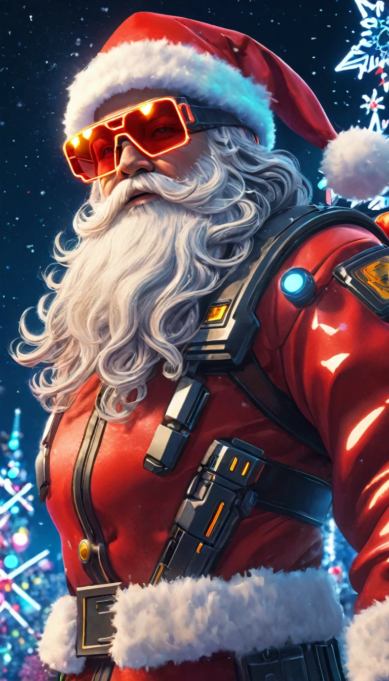 cybernetic Santa Claus, robotic arms with intricate details, futuristic exoskeleton suit, glowing red sunglasses, wear Christmas hat,metallic beard and hair, neon lights illuminating the night sky, pixelated snowflakes falling, ultra-detailed, highres, HDR, physically-based rendering, sci-fi, vibrant colors, futuristic lighting,(best quality,4k,8k,highres,masterpiece:1.2),ultra-detailed,(realistic,photorealistic,photo-realistic:1.37).