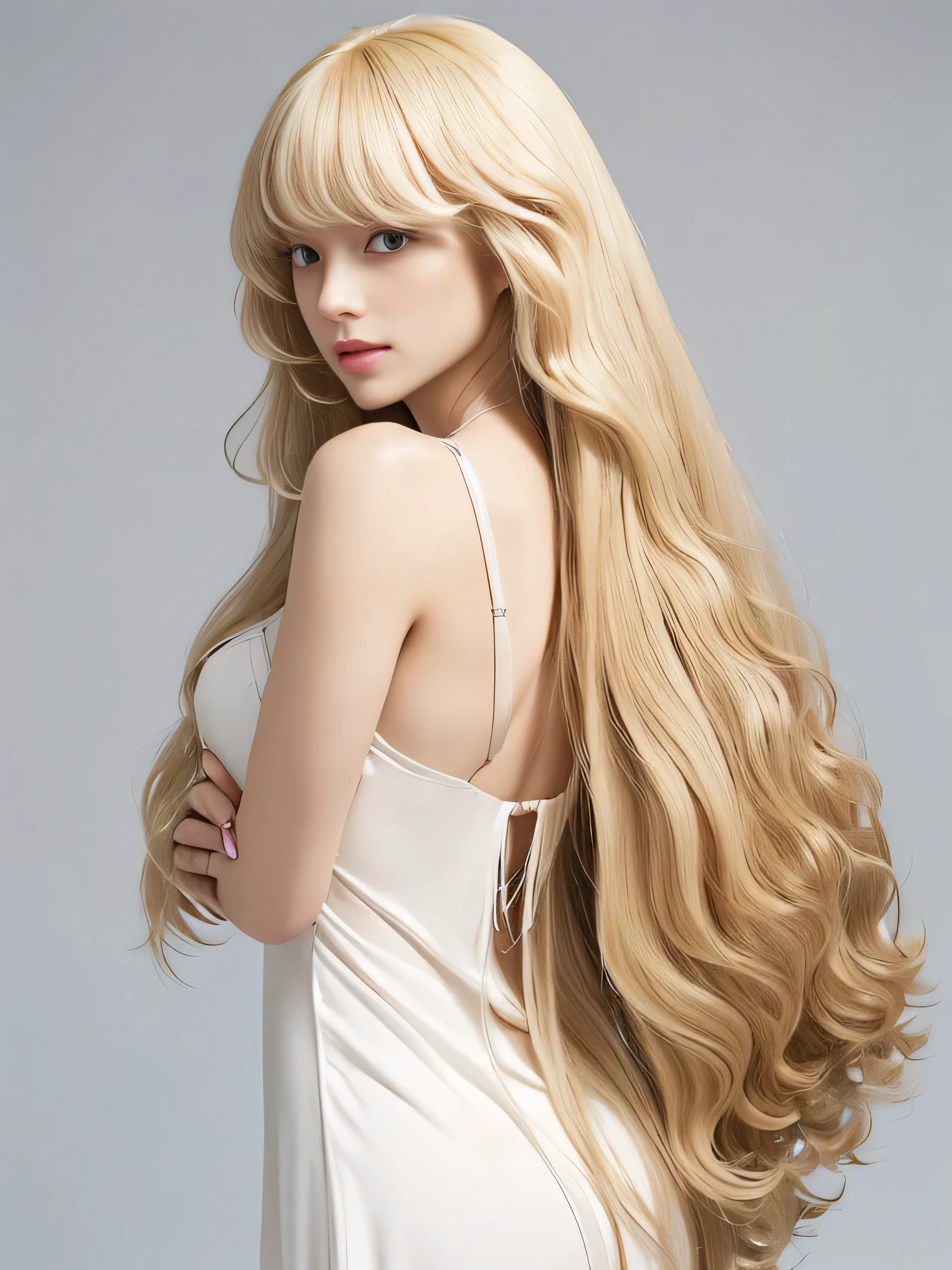 (Pure white wall background:1.8. Upper body photo from the knees up)　((Random poses to reveal as much of the dress as possible, Keep your back and hair as clean as possible.:1.5))　((Her hair is incredibly straight.:1.5))　((Beautiful model with long blonde hair, girl with super length Hair, extremely length Hair, extra length Hair, very long, Flowing Hair, very length Hair, length Hair girl, very long, Flowing blonde hair, length Hair windy, very longbionde, length, Flowing Hair, length and or curly hair, with length Hair, length Hair!!!!　Her Highest quality hair is long and 真っ直ぐ or curly hair very long, Highest qualityのブロンド, length hair in the center, Highest quality long Straight or curly hair, length, Straight or curly hair, beautiful, High quality blonde hair, length and bionde Highest quality Straight or curly hair, length Hair, length and Straight or curly hair, Highest quality bionde, Perfect silky Straight or curly hair of the Highest quality, Straight or curly hair, Highest quality bionde, length bionde　Straight or curly hair, length, Light blonde hair　Her hair is long and Straight or curly hair, very longbionde, length hair in the center, length Straight or curly hair, length, Straight or curly hair, beautiful hair of the Highest quality, length Hair, length, Straight or curly hair　bionde , length and free Straight or curly hair bionde, Straight or curly hair bionde))　(Her bangs are perfect.:1.3)　(France&#39;s most beautiful 24-year-old hair model)　　((Highest quality)), ((masterpiece)), (Family Friendly)　(Get used to it)　Perfect Face　(Her skin is a typical French complexion....、And very detailed)　　(Big Breasts)　(She is wearing a gorgeous light blue princess dress:1.5)　(She has a beautiful French face and a typical French figure...., Narrow eyes)　(She has perfect beautiful makeup and face　Lipstick is light red　A solid eyeliner)　((Rich 1.4))　(Extremely detailed 8K)　(Ultra-fine skin texture 1.4)　(Now, Vibrant:1.4), double eyelid　Sharp focus:1.2、Beautiful woman:1.4　Dynamic Lighting　(Genuine RAW photos taken by professional photographers