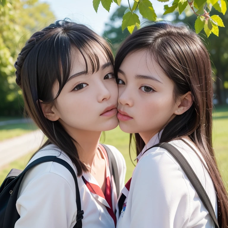 (picture)(8k、RAW Photos、Highest quality、masterpiece:1.2)、(Realistic、Photorealistic:1.4)、Hyperrealism、(masterpiece)、(High resolution)、(Ultra-detailed)、(Best Shadow)、Realistic Shadows、超High resolution、(Detailed face:1.4)、Perfect Skin、Realistic skin texture、Detailed skin texture、Depth of written boundary、Natural blurred、Lens flare、(Soft Saturation:1.3)、Professional portrait photography、holding hands and kissing at school、(uniform:1.4)、Laughter、Two cute junior high school students、(Bobcut)、Long black hair、hug、(kiss:1.8), angry