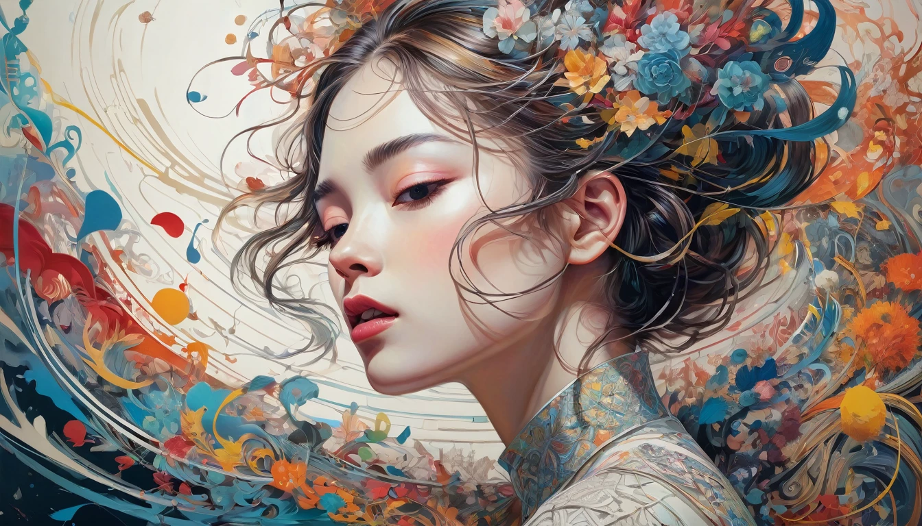 official art, unity 8k wallpaper, ultra detailed, beautiful and aesthetic, masterpiece, best quality, (zentangle, mandala, tangle, entangle), (fractal art:1.3) , 1girl, extremely detailed, dynamic angle, cowboyshot, the most beautiful form of chaos, elegant, a brutalist designed, vivid colours, romanticism, by james jean, roby dwi antono, ross tran, francis bacon, michal mraz, adrian ghenie, petra cortright, gerhard richter, takato yamamoto, ashley wood, atmospheric, ecstasy of musical notes, streaming musical notes visible, full body