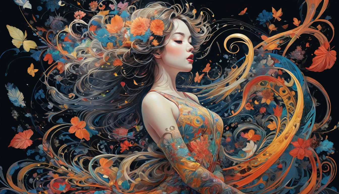 official art, unity 8k wallpaper, ultra detailed, beautiful and aesthetic, masterpiece, best quality, (zentangle, mandala, tangle, entangle), (fractal art:1.3) , 1girl, extremely detailed, dynamic angle, cowboyshot, the most beautiful form of chaos, elegant, a brutalist designed, vivid colours, romanticism, by james jean, roby dwi antono, ross tran, francis bacon, michal mraz, adrian ghenie, petra cortright, gerhard richter, takato yamamoto, ashley wood, atmospheric, ecstasy of musical notes, streaming musical notes visible, full body