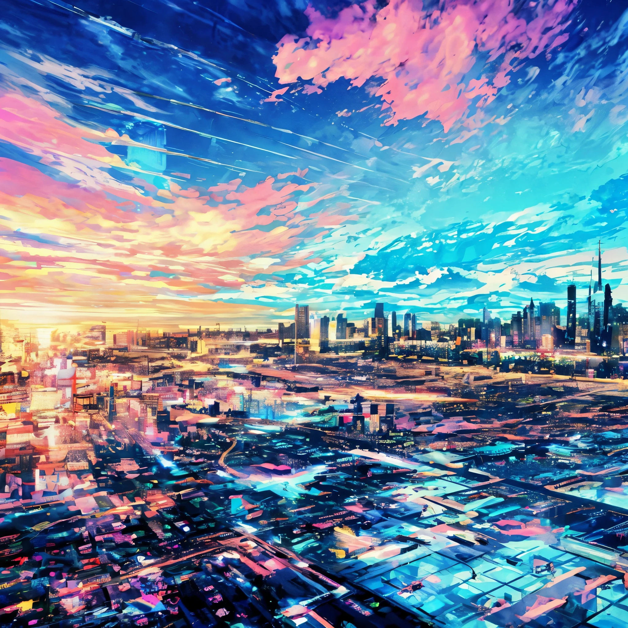 Colorful sky with blue tones、Thin clouds、Cityscape seen through the clouds