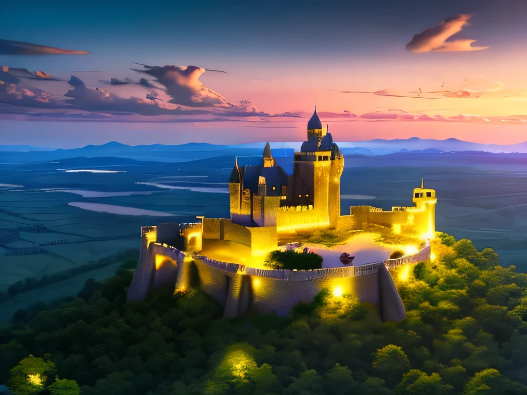 A land of legendary wealth.Fantasy、Dragon Quest style images、Castle seen from the sky、4K,Ultra high definition、evening