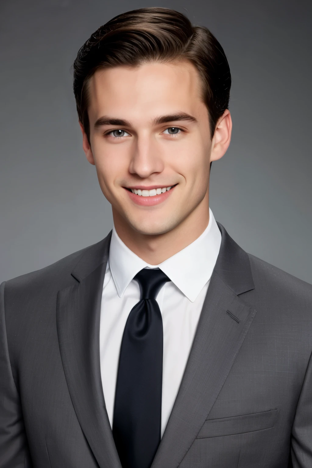 face of young caucasian guy, short black hair, without glasses, with dark gray-blue eyes and straight long thin nose, elongated face with smile on his lips, no beard no mustache, in suit and tie