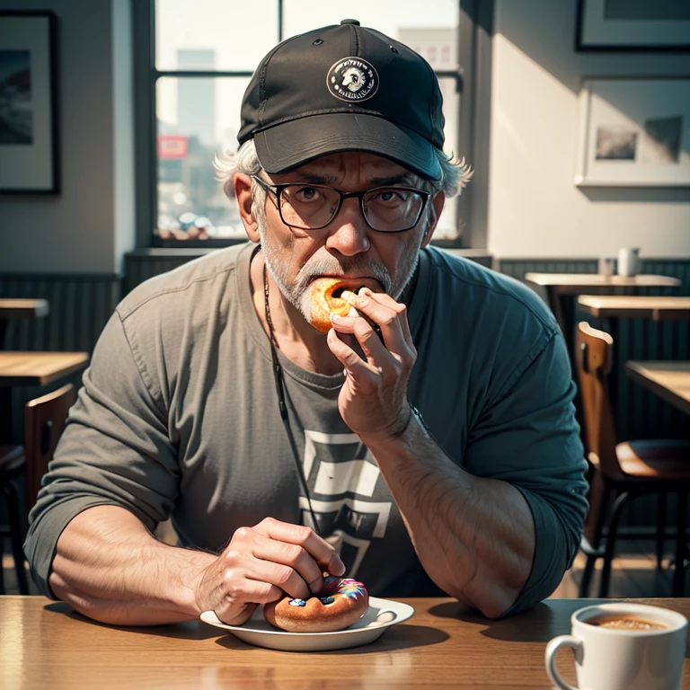 A middle-aged man eating a donut in a cafe, grey hair, tokin hat, orange eyes, Conceptual art, image fill, omake, vanishing point, Ultra-Wide Angle, anatomically correct, super detail, high details, high quality, best quality, highres, HD, 4K, 8k