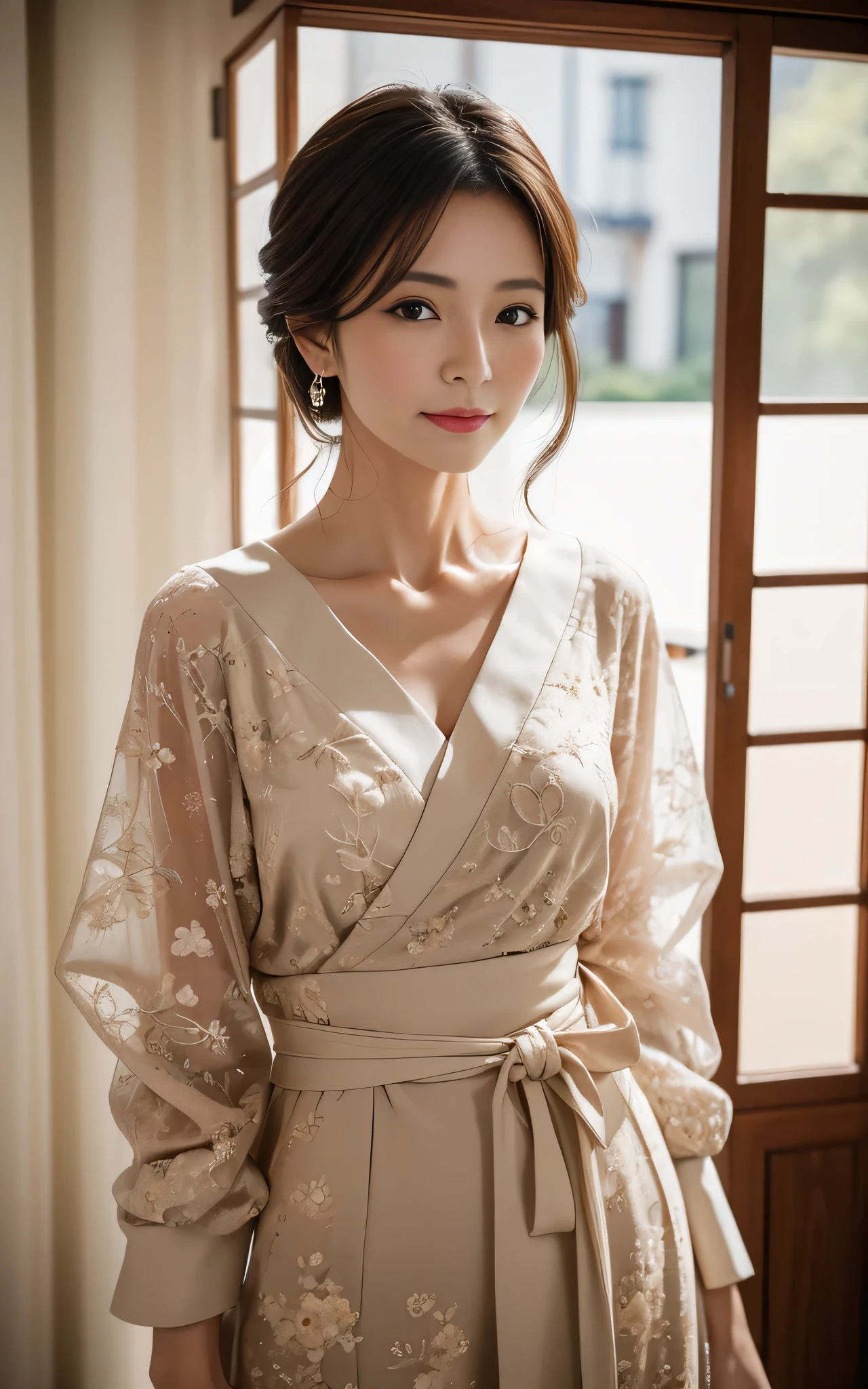 (Highest quality, 8k, Best image quality), Beautiful and elegant 45 year old mature, Photo of a Japanese woman's upper body, Beautifully detailed face, Standing Elegantly (All black suit-type mourning attire:1.3), (Pearl Necklace:1.2), clavicle, (Fascinating, Shiny, Sexy Mature), (A perfect composition depicting the most beautiful woman:1.3), Plump body, (Romantic and atmospheric warm lighting:1.2), compensate;1.5, The most beautiful and elegant hairstyles, (Accurate anatomy:1.1), Blurred Background,