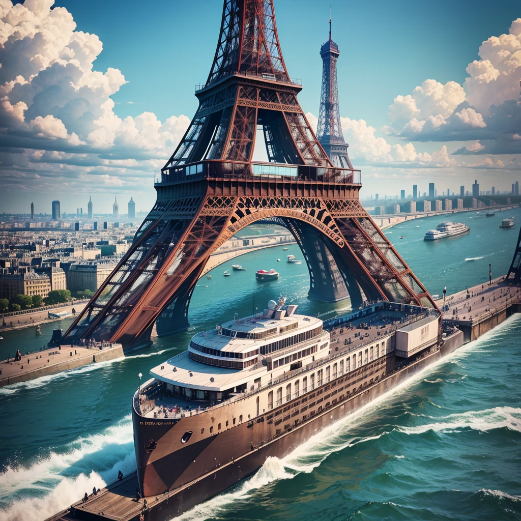 Paris on the Seine,A ship, in front of the eiffel tower,2024, summer, Paris Olympics footage, Official Art, poster ; Official Artwork, game promotional poster