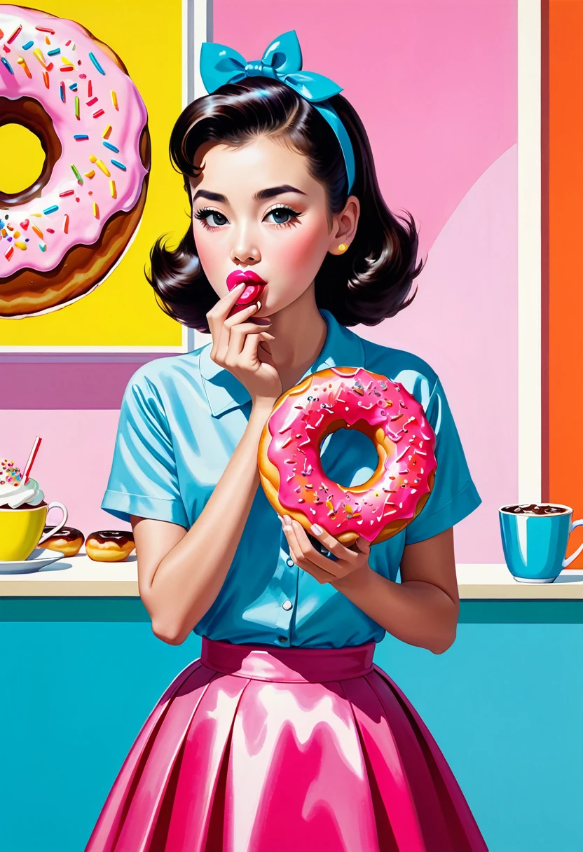 One girl, alone, Eating a donut while standing, Peter Sato Style、American Art、50's, Pop Art,colorful, Life's bliss,