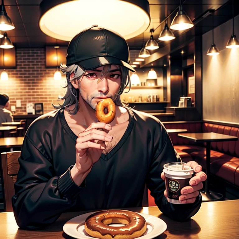 A middle-aged man eating a donut in a cafe, grey hair, tokin hat, orange eyes, Conceptual art, image fill, omake, vanishing point, Ultra-Wide Angle, anatomically correct, super detail, high details, high quality, best quality, highres, HD, 4K, 8k