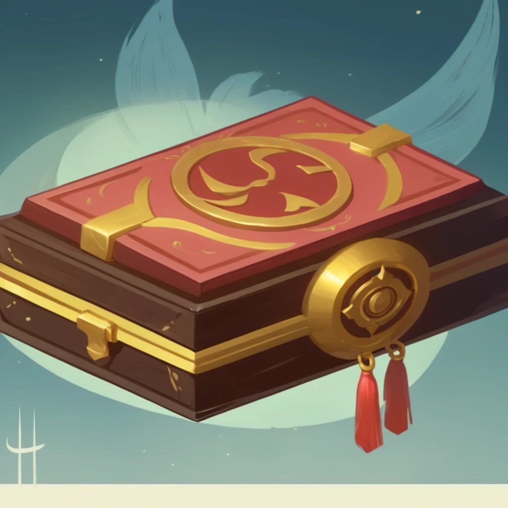 there is a picture of a box with a gold decoration on it, floating spellbook, spell book, old artbook, lost grimoire, stylized concept art, grimoire, item art, object concept art, magic book, front of the treasure box, magical items, artbook artwork, concept illustration, rendered art, stylized game art