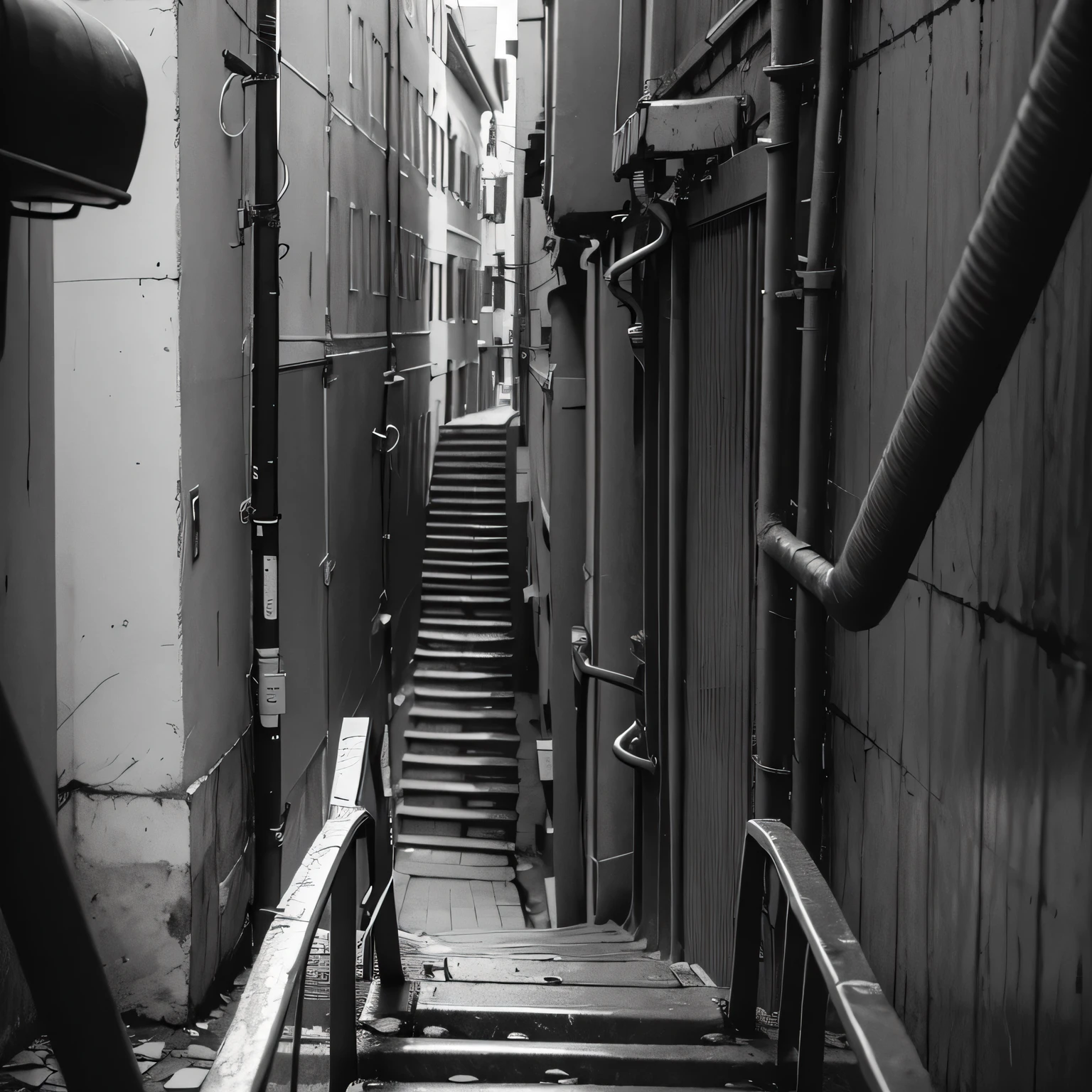 Alleyways of a uninhabitable and oversized city, metal catwalk, camera looking from above, black and white