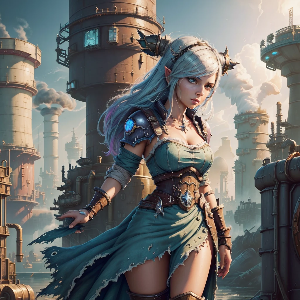 ((best quality)) , ((masterpiece)) , (detailed),Color splash, (((1girl))) , wearing Shabby Chic Wrap dress, has metallic plating, Colored hair, ((Fossil fuel power station)) in background, (((World of Warcraft)))