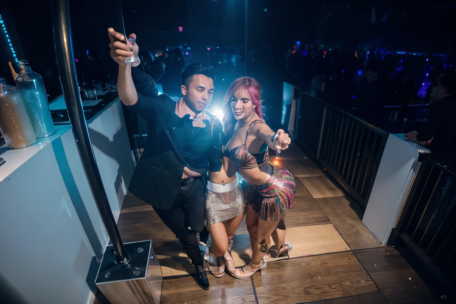 (Best quality, 8k, 32k, Masterpiece, UHD:1.2), "Transform the scene into the interior of a bustling nightclub in Tokyo, Japan, filled with vibrant energy and a crowded atmosphere. The space is packed with people dancing and socializing, creating a lively and dynamic environment.
Neon lights of various colors illuminate the room, casting dramatic and vibrant hues across the crowd. The lighting creates an electrifying ambiance, with beams of light cutting through the darkness and reflecting off shiny surfaces.
The club's interior features sleek, modern design elements with metallic accents, glass, and mirrored walls. The dance floor is spacious, with a DJ booth at the center, surrounded by state-of-the-art sound equipment and large speakers pumping out energetic music.
The bar area is stylishly designed, with a wide array of colorful bottles and cocktails on display, attended by skilled bartenders mixing drinks with flair. High tables and plush seating areas provide spots for guests to relax and enjoy the atmosphere.
Overall, the nightclub exudes a sense of excitement and modernity, perfectly capturing the vibrant nightlife of Tokyo."