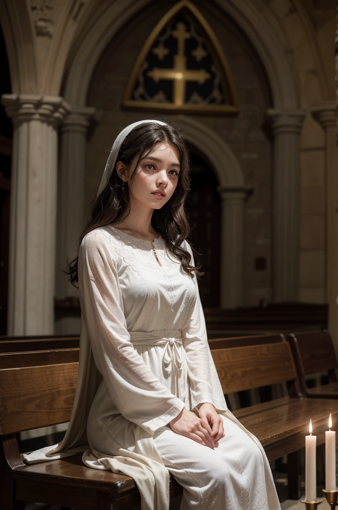 Create an image of a young woman in a simple and welcoming chapel, illuminated by candles, with stone walls and an altar with white flowers. The woman must have brown skin, curly and voluminous hair, black in color, and sitting on a wooden bench, dressed in a simple white tunic. The atmosphere must convey faith and protection. Use 8k resolution, with historical rendering style. Lighting should be soft, with ultra-fine details. The image should tell the story of Manuela in a chapel, symbolizing your faith and protection.