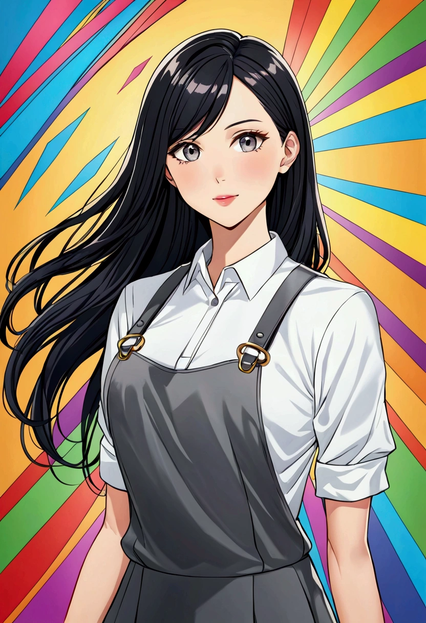 Long smooth  black hair with white peekaboo highlights  

, grey eyes

, Slender and athletic built

, Average height

, Casual Clothing

, UHD, 8k, Best quality